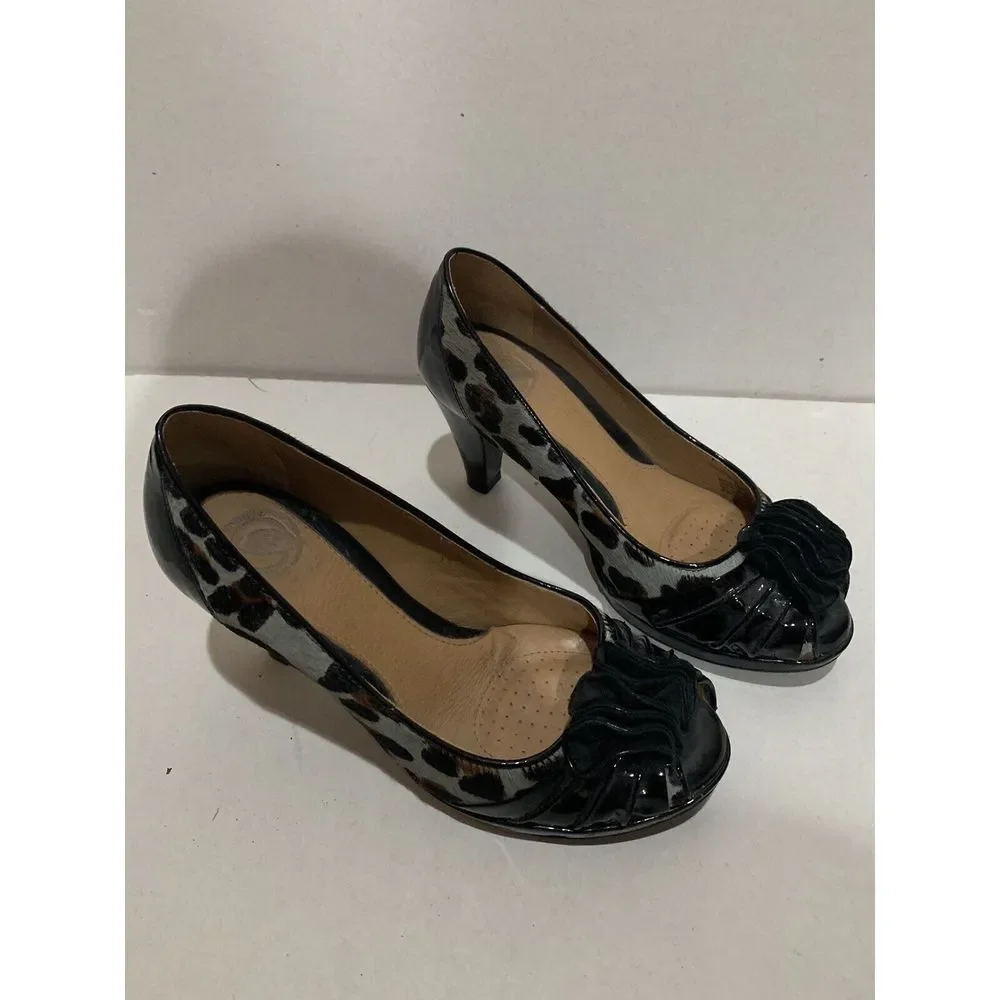 Nurture Womens Rosalind Black Leopard Pony Hair Leather Bow Heels Shoes 6 1/2‎